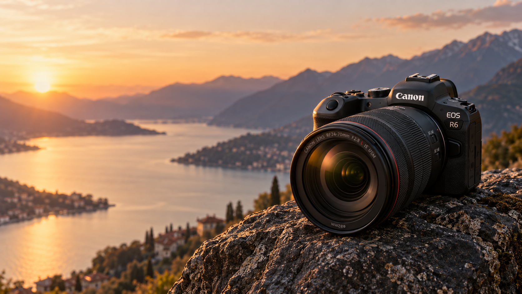 Fotocamera Canon professionale in un paesaggio alpino