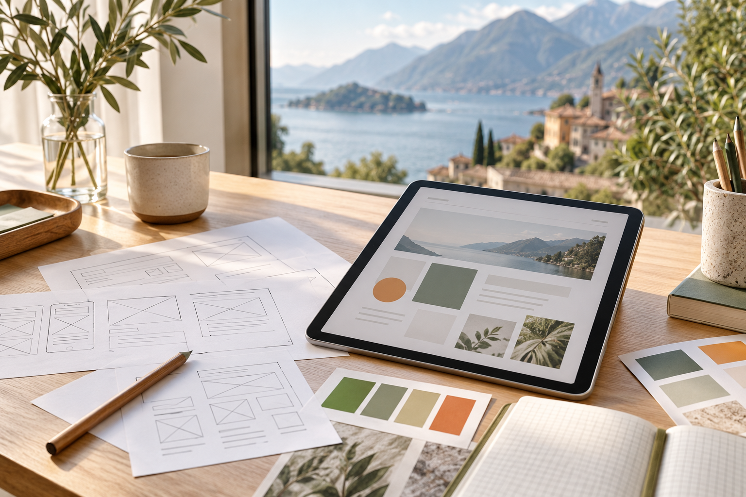 Progettazione di un sito web con tablet, wireframe e palette colori